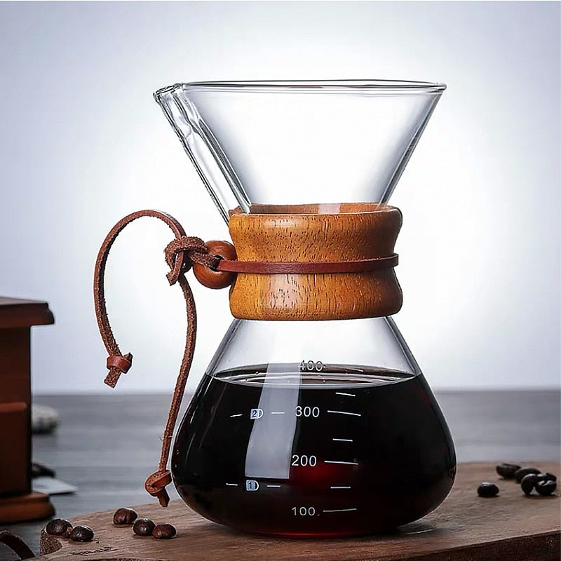 Cafeteira de Vidro com Filtro em aço Inoxidável e Cabo de Madeira
